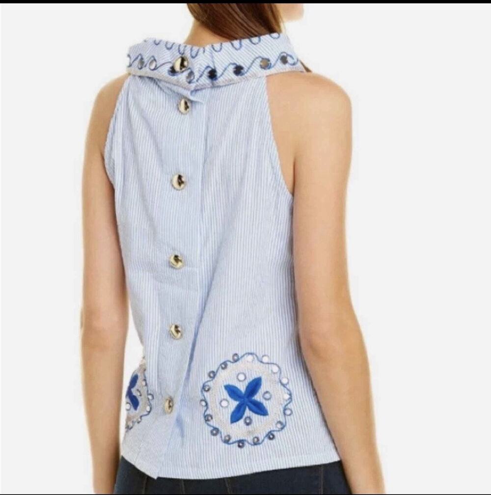 Sail To Sable Blue and White Embellished Cowl Neck Sleeveless Top M